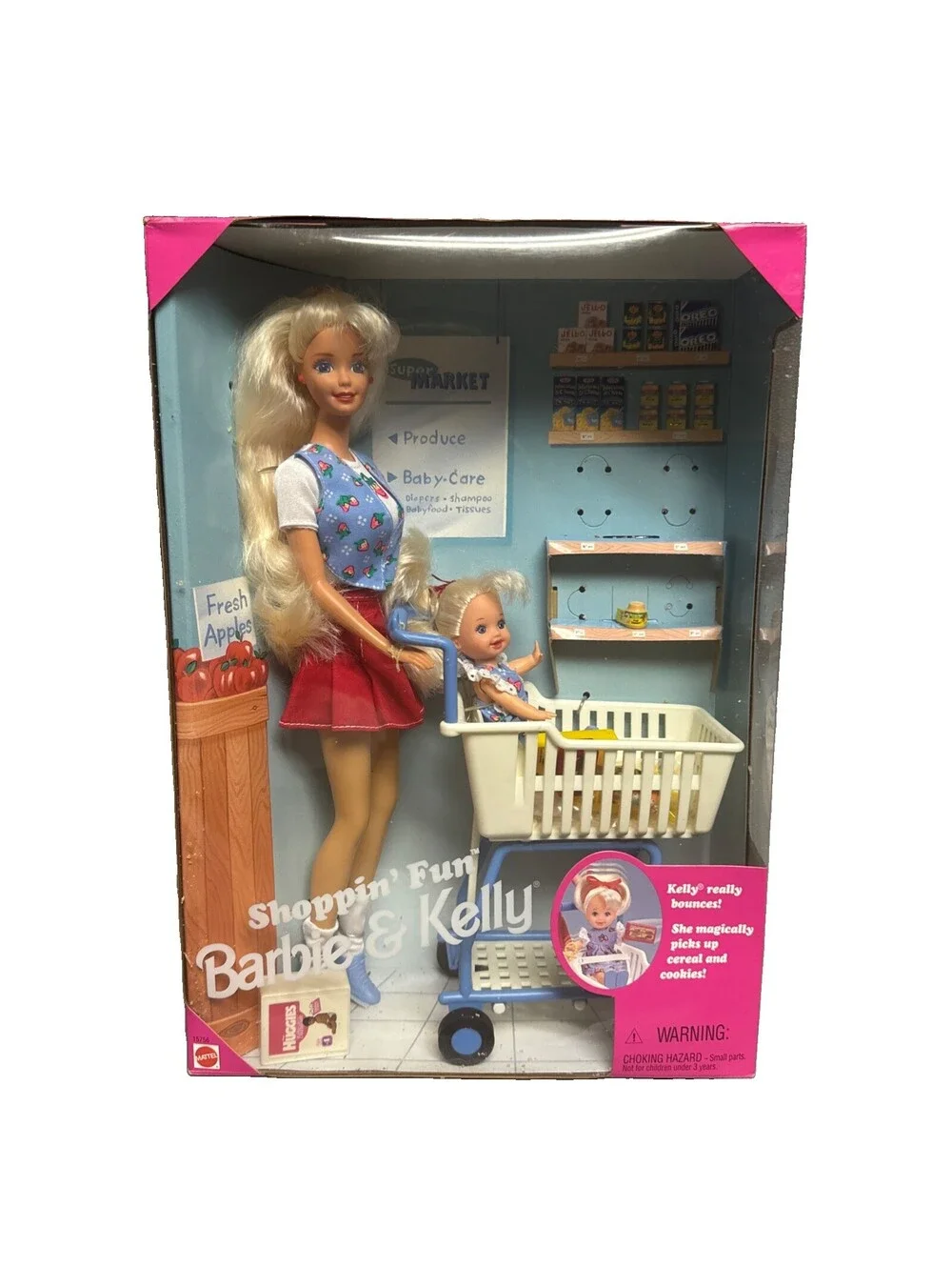 1995 Shoppin’ Fun Barbie & Kelly Playset Mattel #15756 Shopping Cart & Groceries